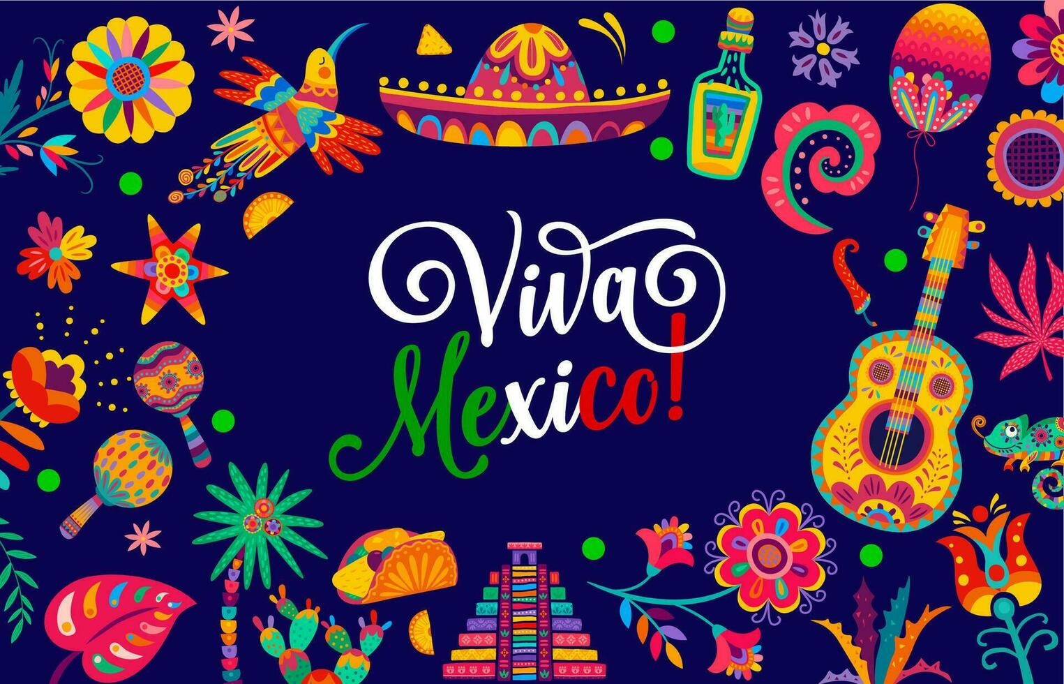 Viva Mexico banner with tropical flowers, sombrero vector