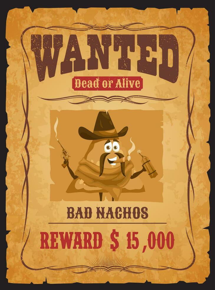 Western wanted poster, bad nachos robber character vector