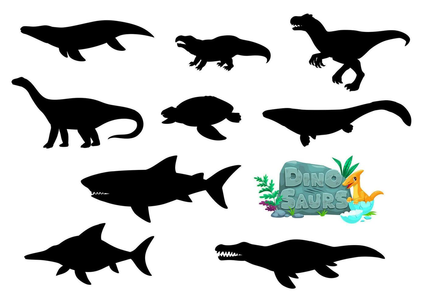 Cartoon dinosaurs reptiles character silhouettes vector