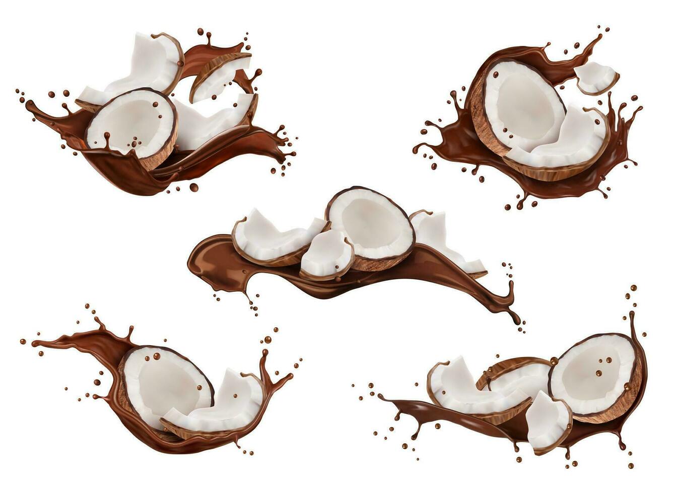 Realistic chocolate milk drink splash with coconut vector