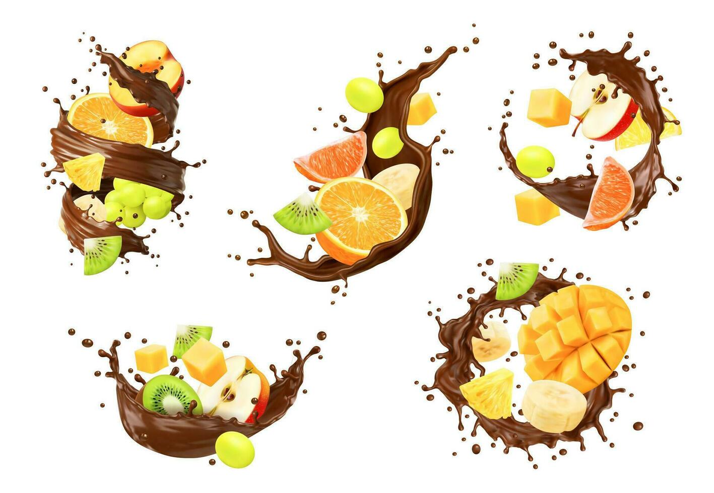 realista chocolate Leche ola chapoteo con frutas vector