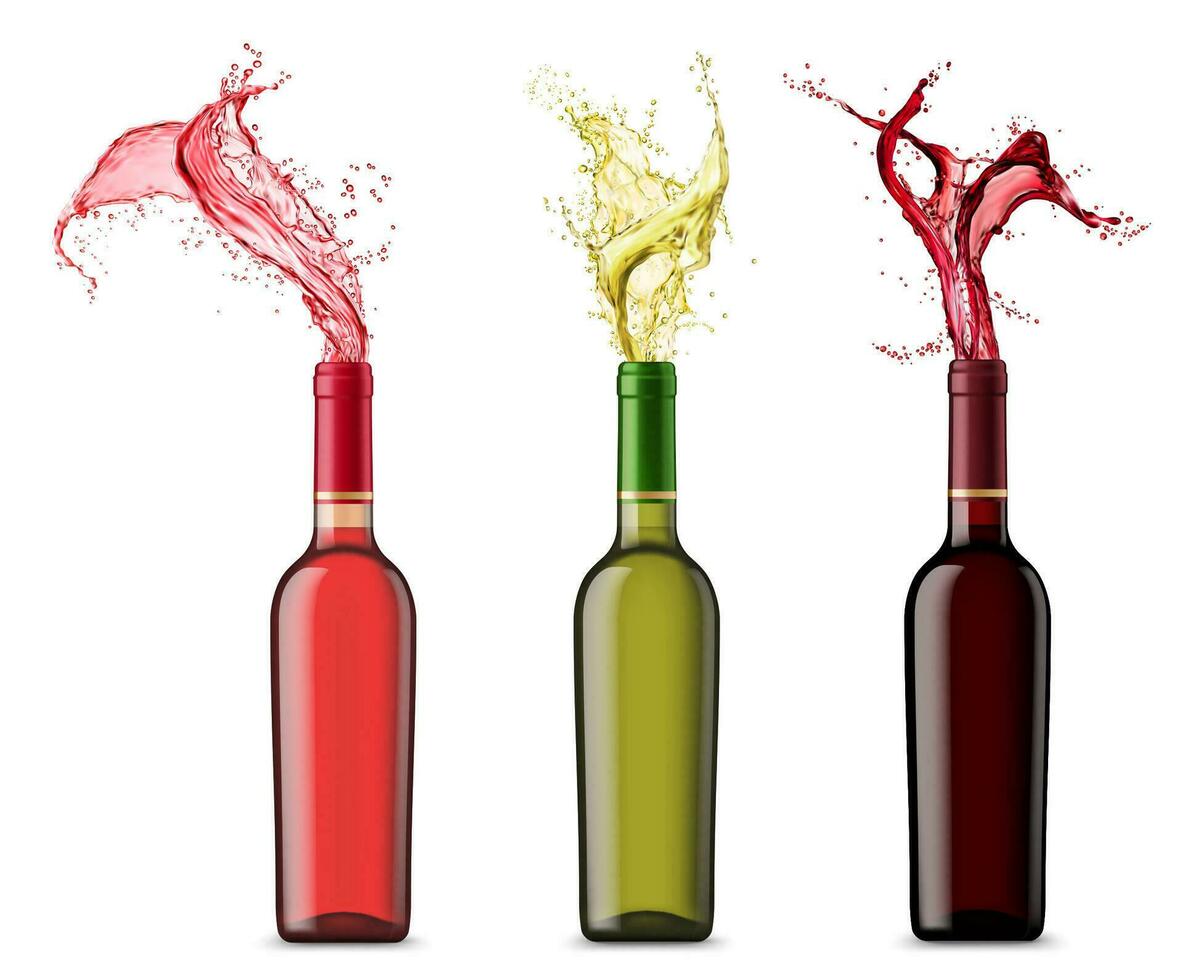 vino alcohol botella con rojo, rosa, blanco salpicaduras vector