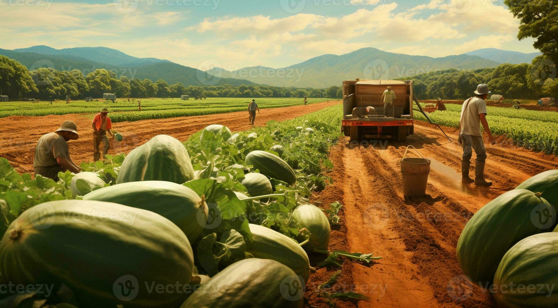 ai generado sandias en el jardín, cosecha para sandías, de cerca de manos cosecha arriba de sandias foto