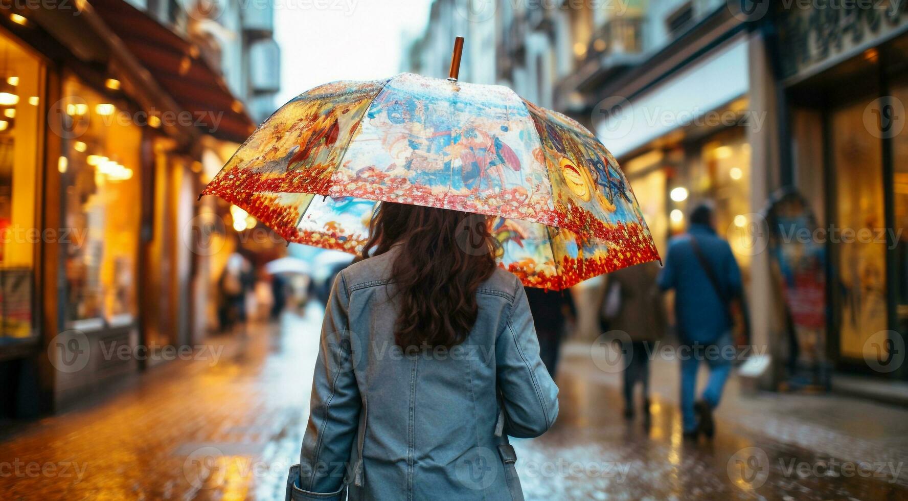 AI generated lonely young girl walking on the street with umbrella, lonely woman walking on the street, lonely girl with umbrella photo