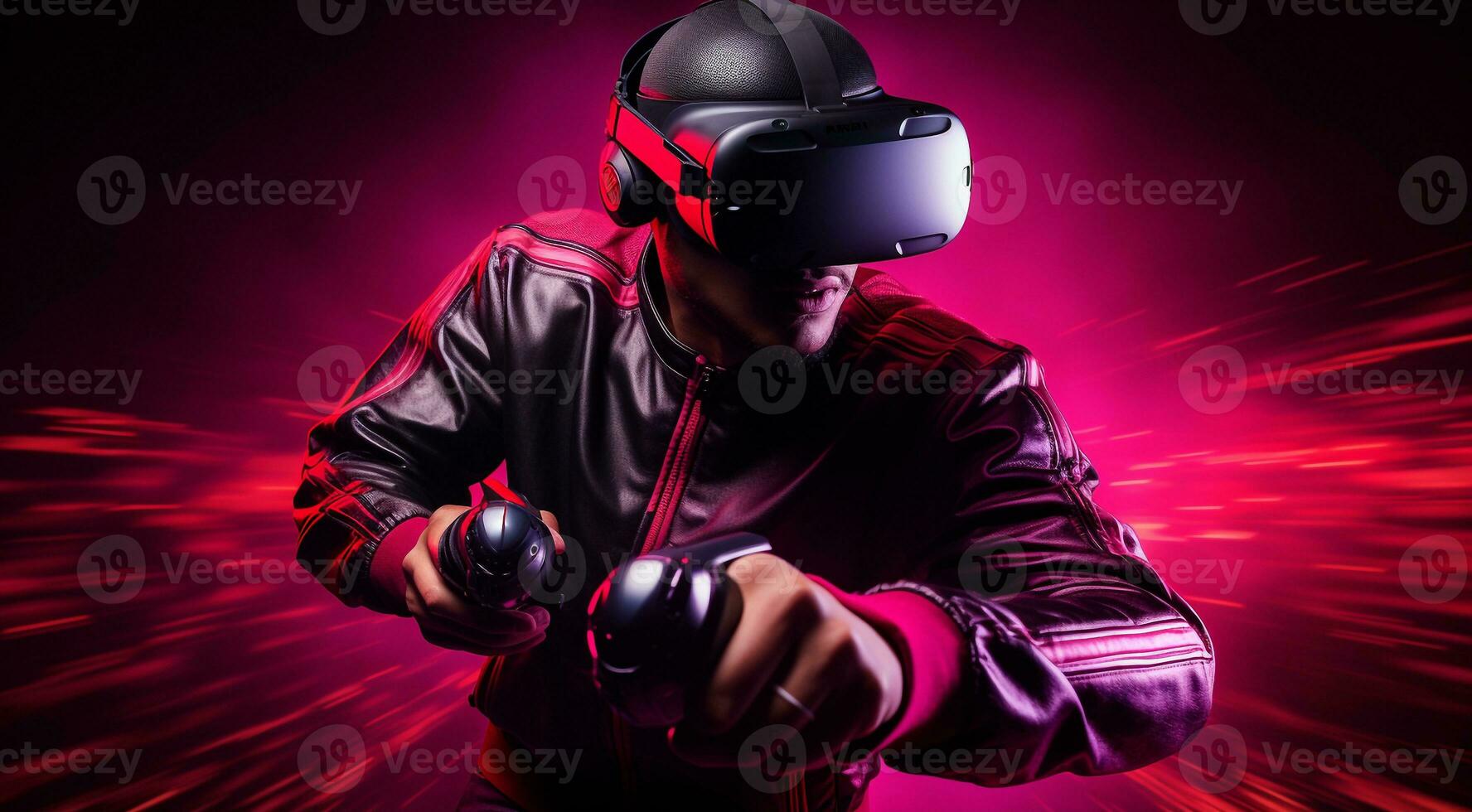 AI generated portrait of a person with VR glasses, person with VR glasses, abstract technology wallpaper, person on VR glasses on abstract colored technology background photo