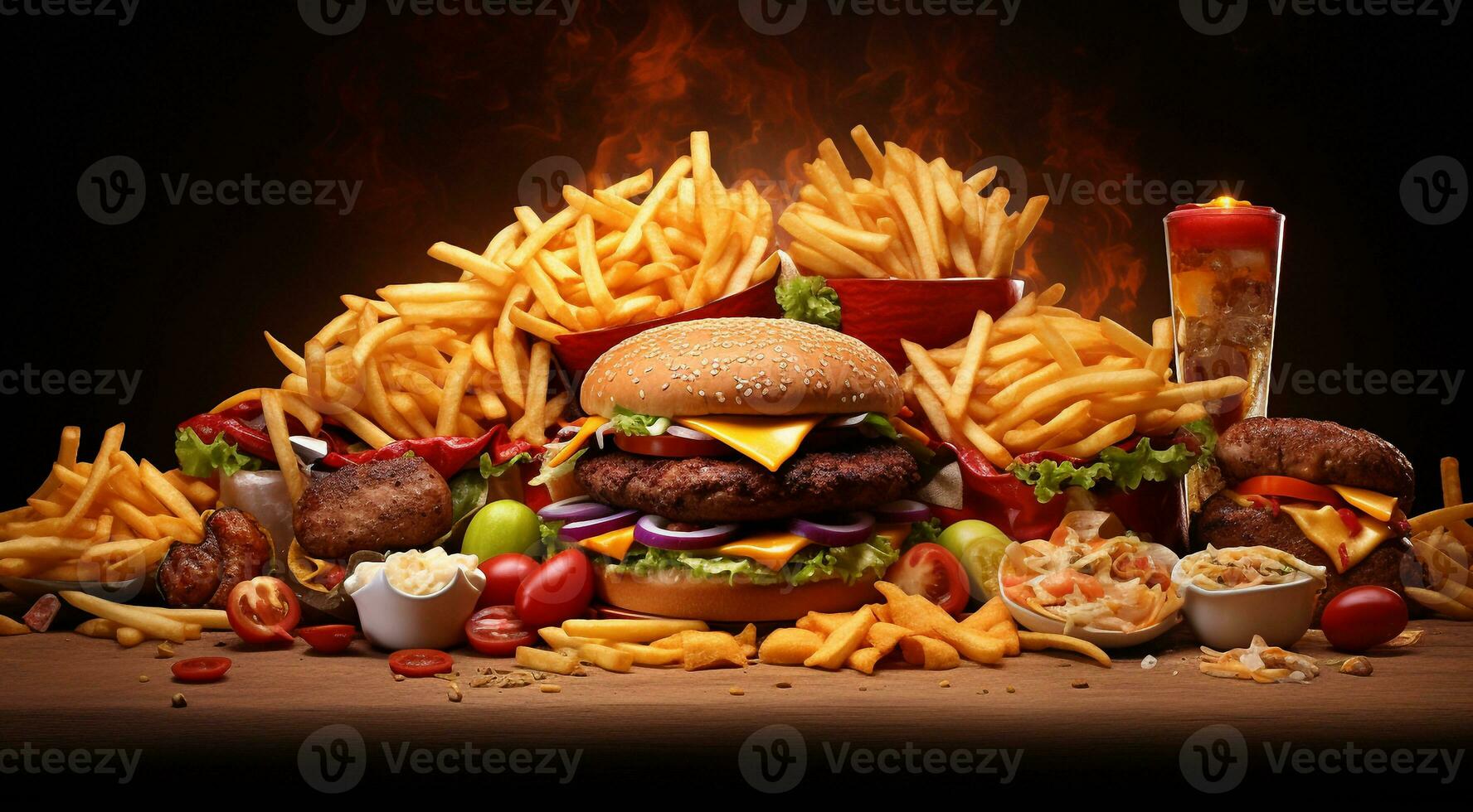 ai generado hamburguesa y papas fritas en resumen fondo, comida rápida fondo de pantalla, hamburguesa y papas fritas en el mesa, comida rápida bandera foto