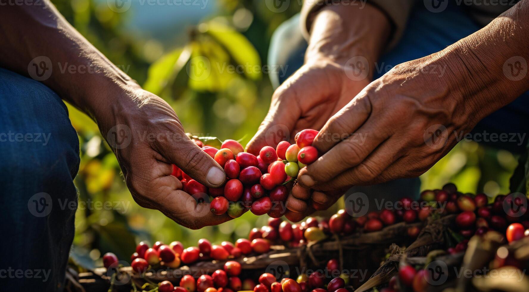 AI generated hands of a person holding a bunch of coffee beans, harvest for coffee beans, close-up of hands picking up of coffee beans photo