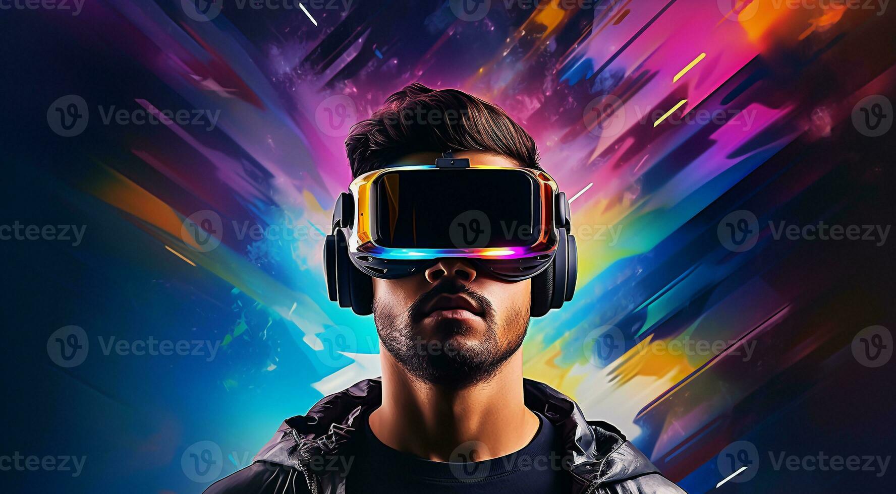 AI generated portrait of a person with VR glasses, person with VR glasses, abstract technology wallpaper, person on VR glasses on abstract colored technology background photo