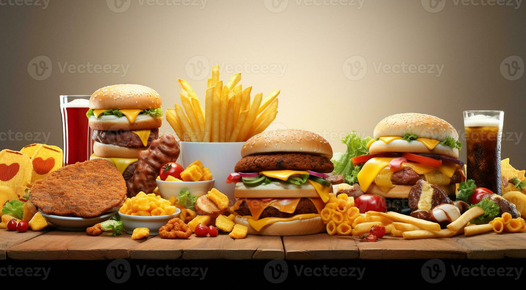 ai generado hamburguesa y papas fritas en resumen fondo, comida rápida fondo de pantalla, hamburguesa y papas fritas en el mesa, comida rápida bandera foto