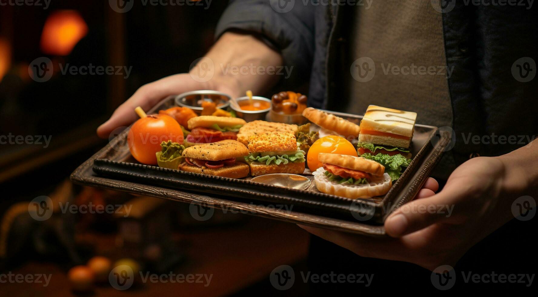 AI generated close-up of person in the restaurant with tray, person in the restaurant, close-up of hands holding tray with dishes and delicious foods photo