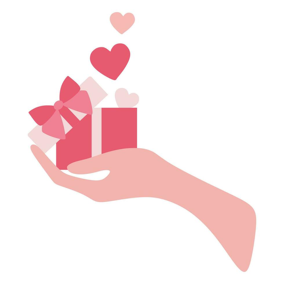 Happy Valentines Day. Hand holding open gift box with Flying out hearts. Symbol of love, acceptance. Vector illustration flat design. Isolated on white background, Template for Card, poster, Sticker