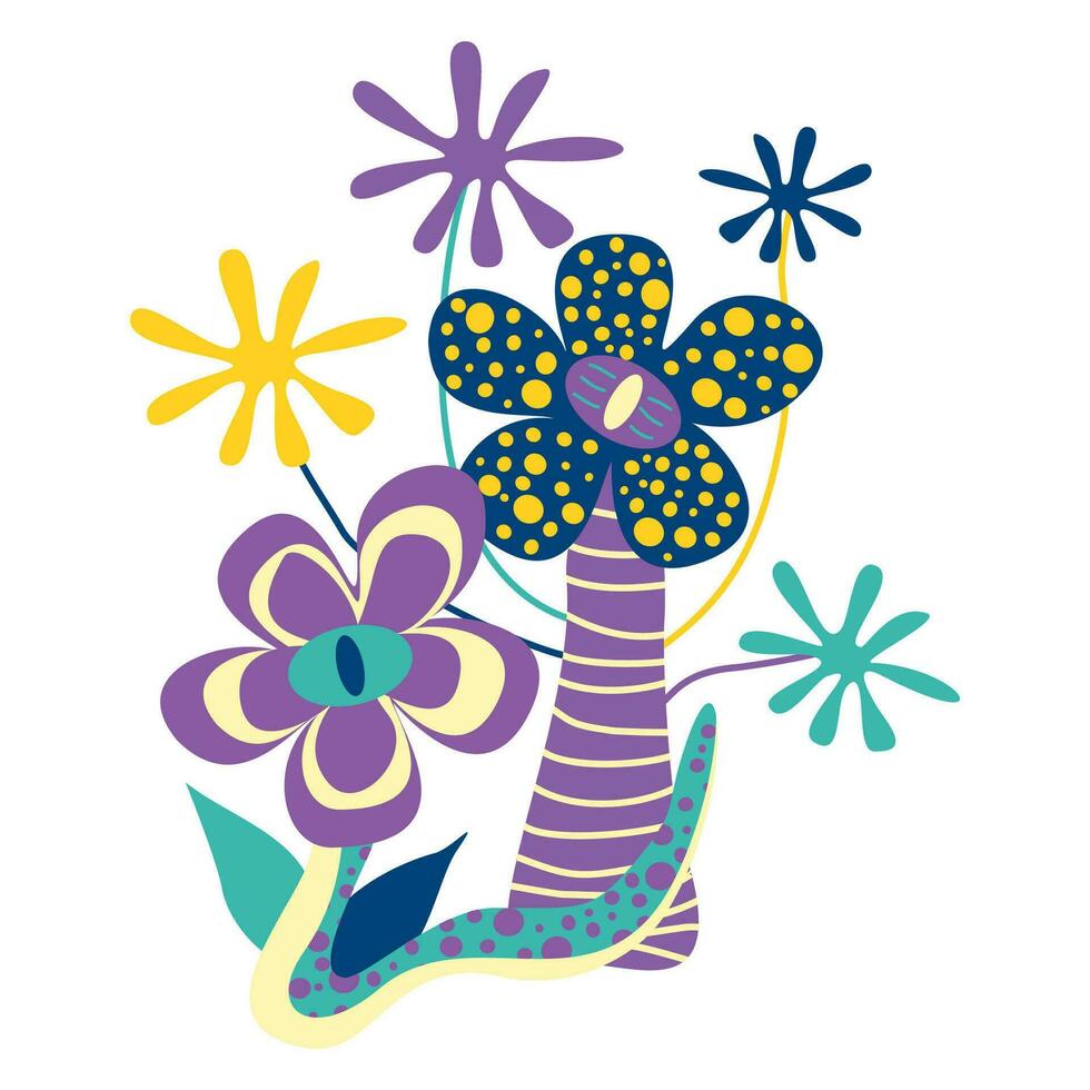 Vibrant fantasy plants with Snake tale and Flowers. Vector Flat or Cartoon Illustration isolated on white. Floral and Botanical concept, Plant design object for Mobile App, Card, Poster, Game details.