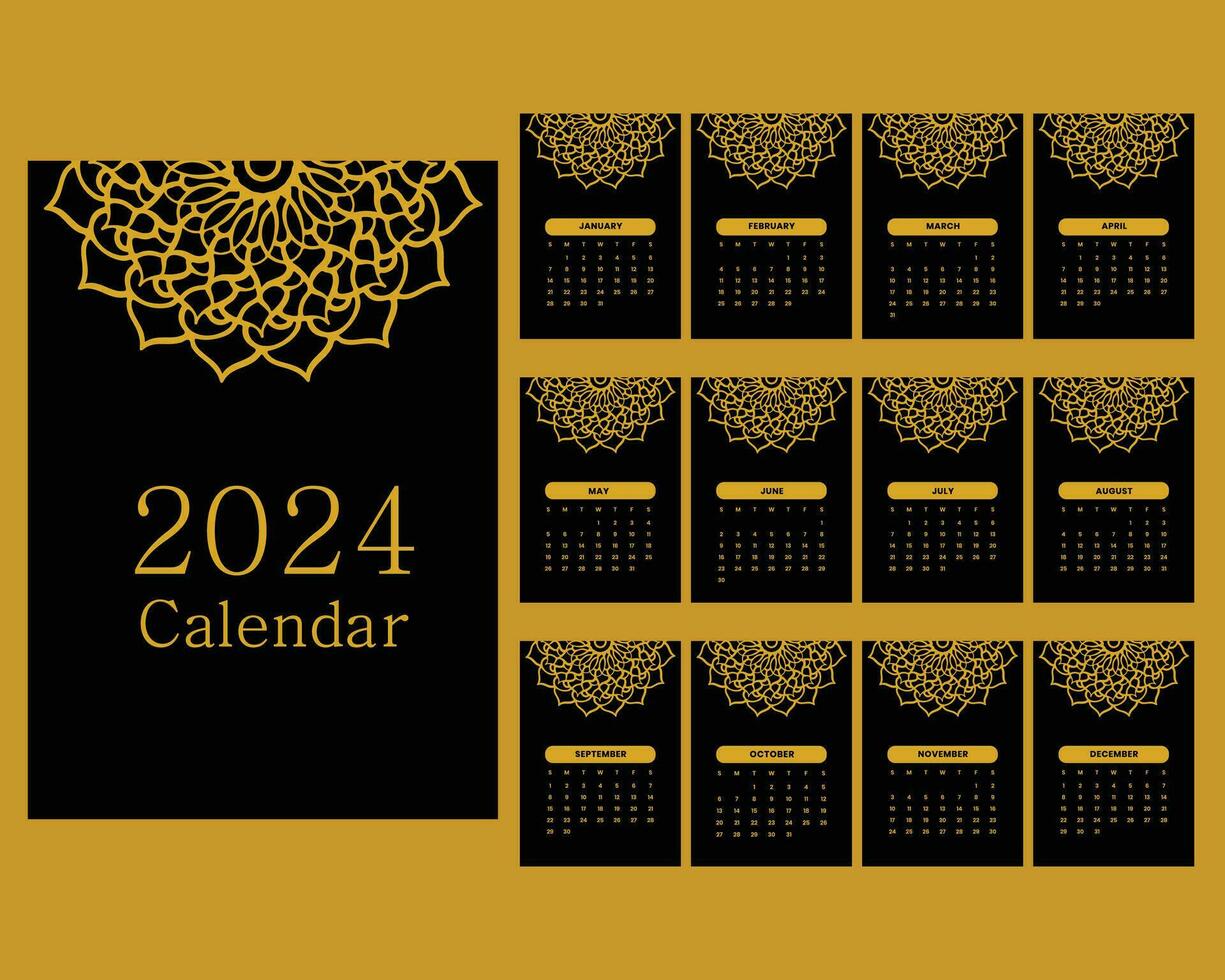 elegante 2024 mensual calendario dorado y negro, 12 mes calendario vector