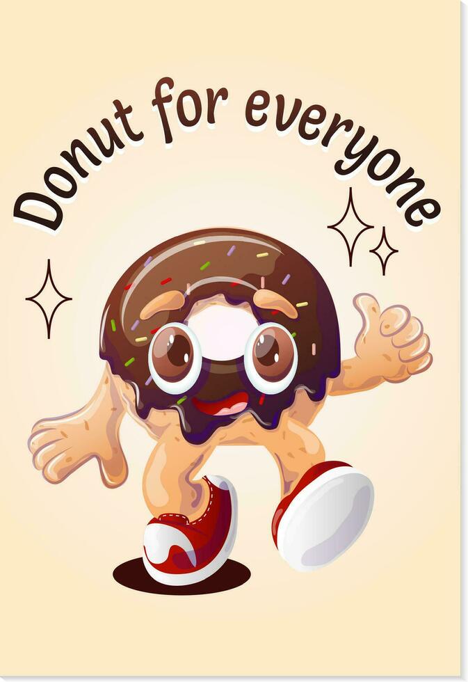 A donut for everyone. Cartoon donut in retro style. Cool character. Retro cartoon vector illustration for print, banner, menu for cafe, restaurant, bar.