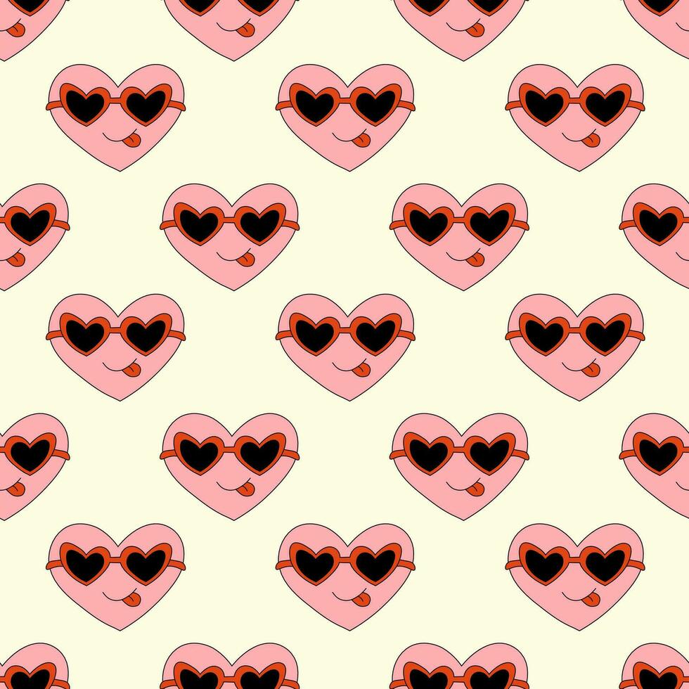 Seamless Pattern with Heart Pink Character for Valentine Day in sunglasses. Smile and show tongue. Mascot in groovy and Y2k style. Vector cartoon illustration.