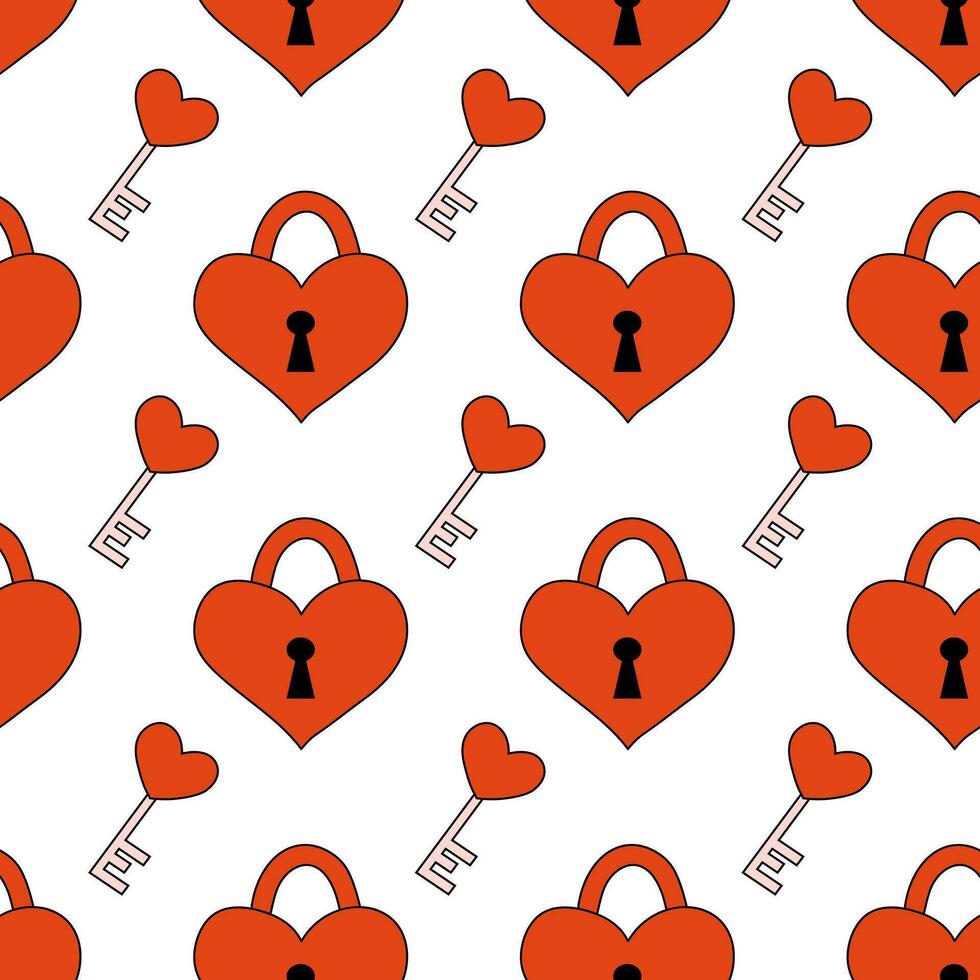 Seamless pattern with red padlock heart and key. Valentine day background. Vector flat illustration.