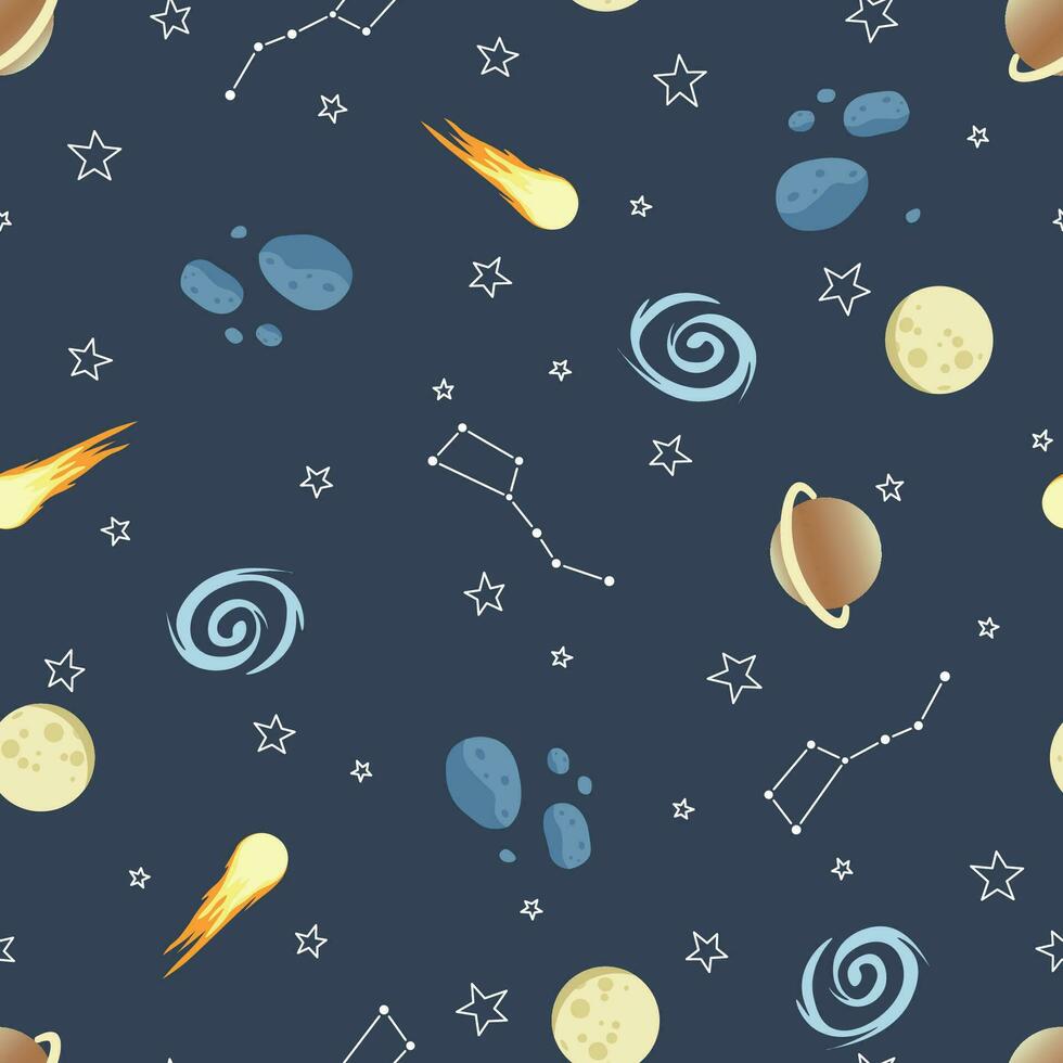 Trendy seamless cosmo pattern. Planet, saturn, galaxy, star, Big Dipper, moon, meteor. Good for wallpaper, wrapping paper, textile, background, decor. vector