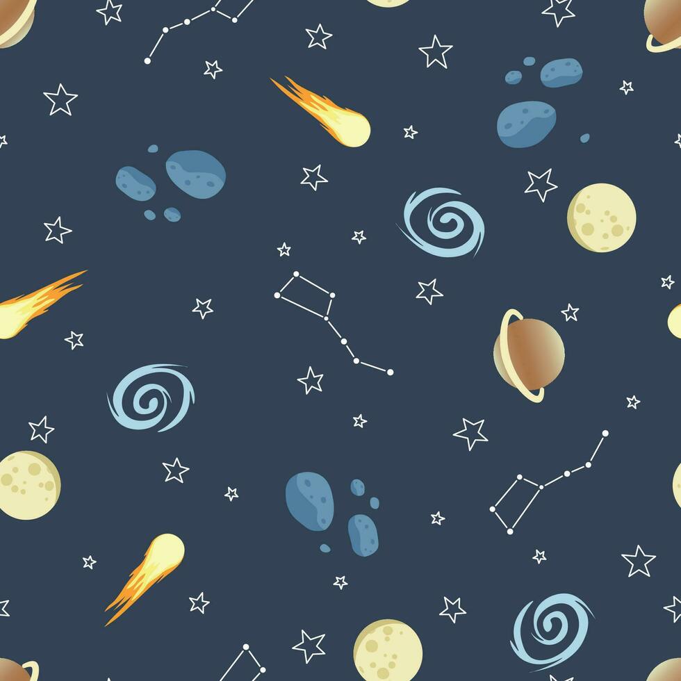 de moda sin costura cosmo modelo. planeta, Saturno, galaxia, estrella, grande cazo, luna, meteorito. bueno para fondo de pantalla, envase papel, textil, fondo, decoración. vector