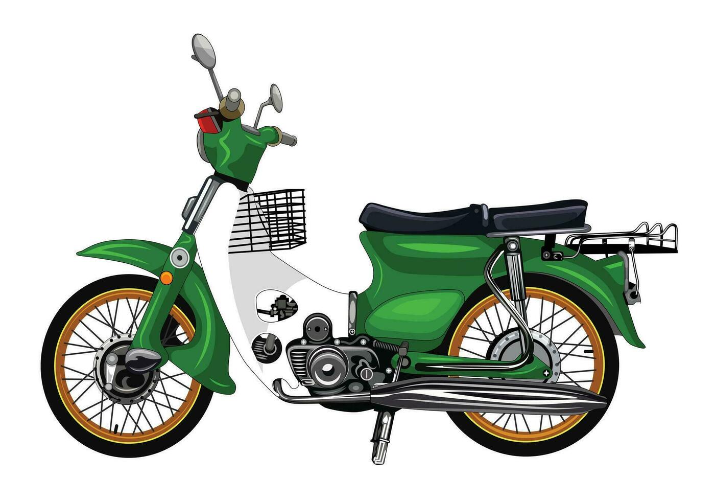 green vintage motorcycle 70s vector with white background for background design.