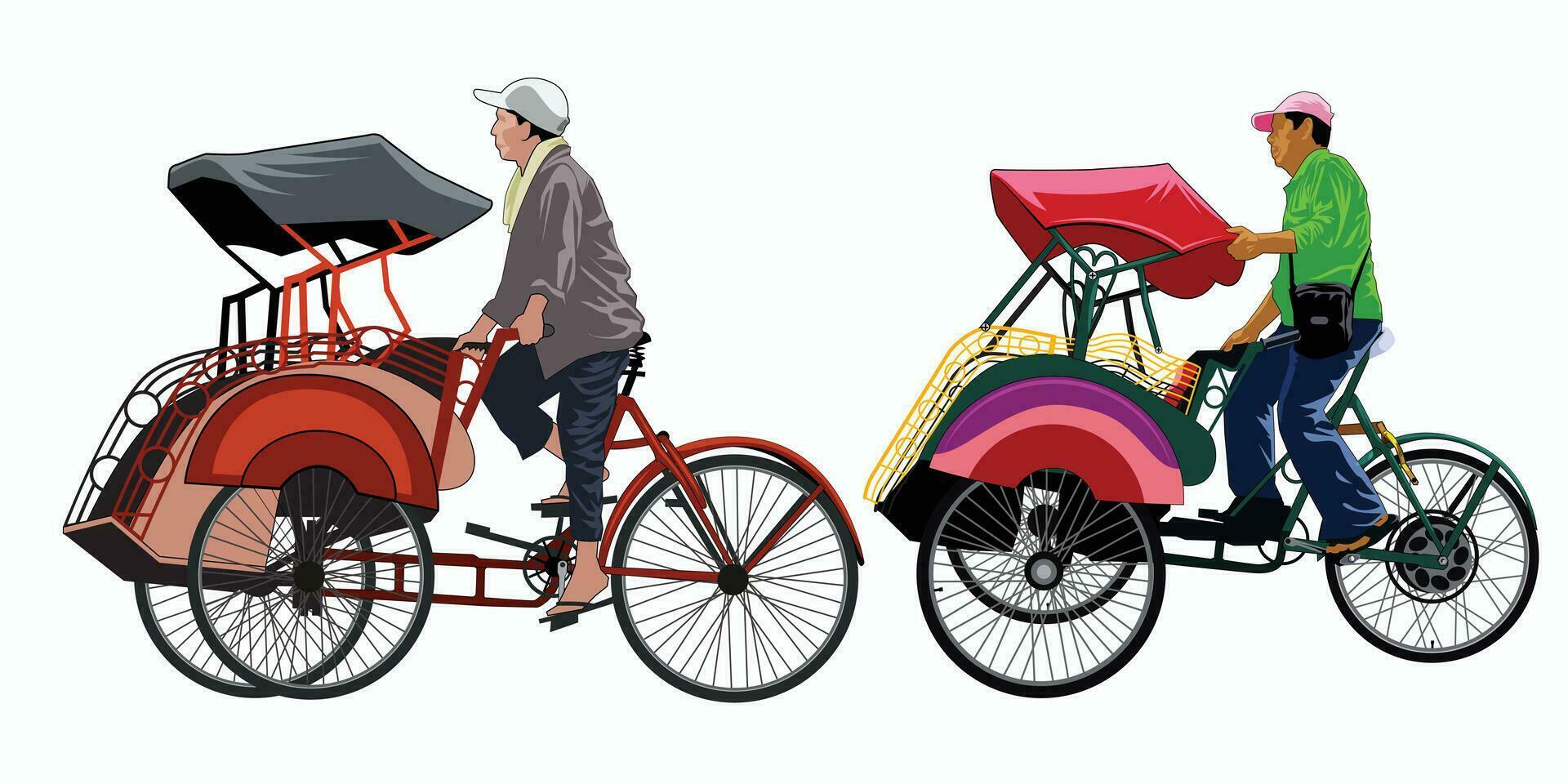 Two rickshaw becak yogyakarta vector with isolated white background.