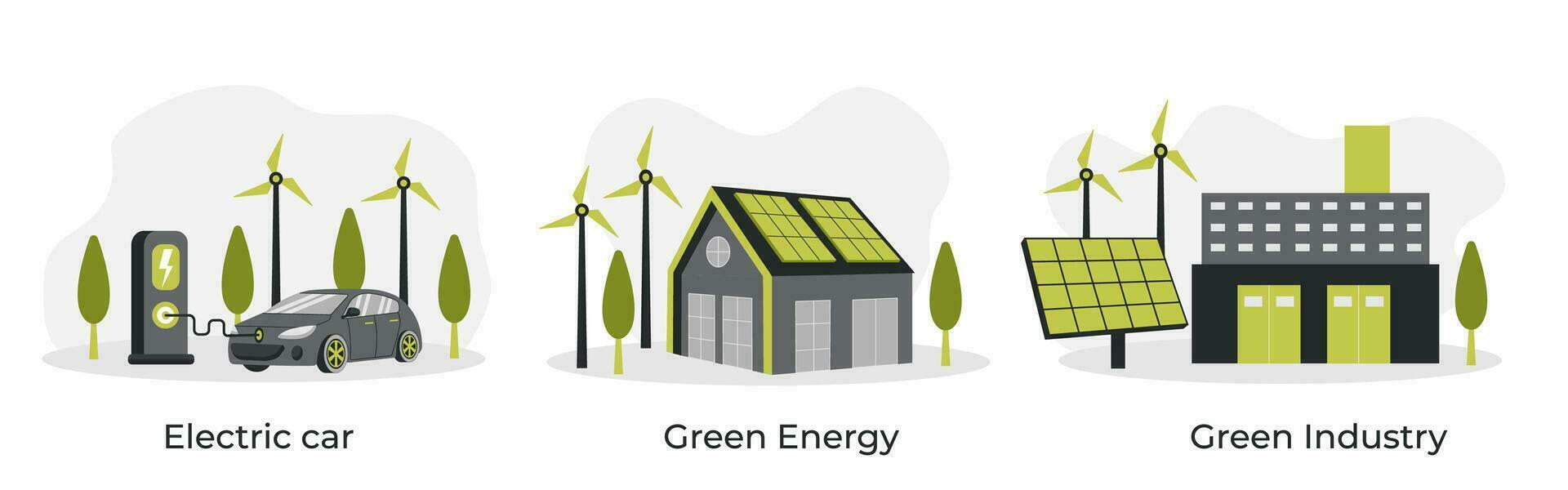 Green energy. Smart grid. Renewable. House with windmills and solar energy panels, electric car near charging station, industry. vector