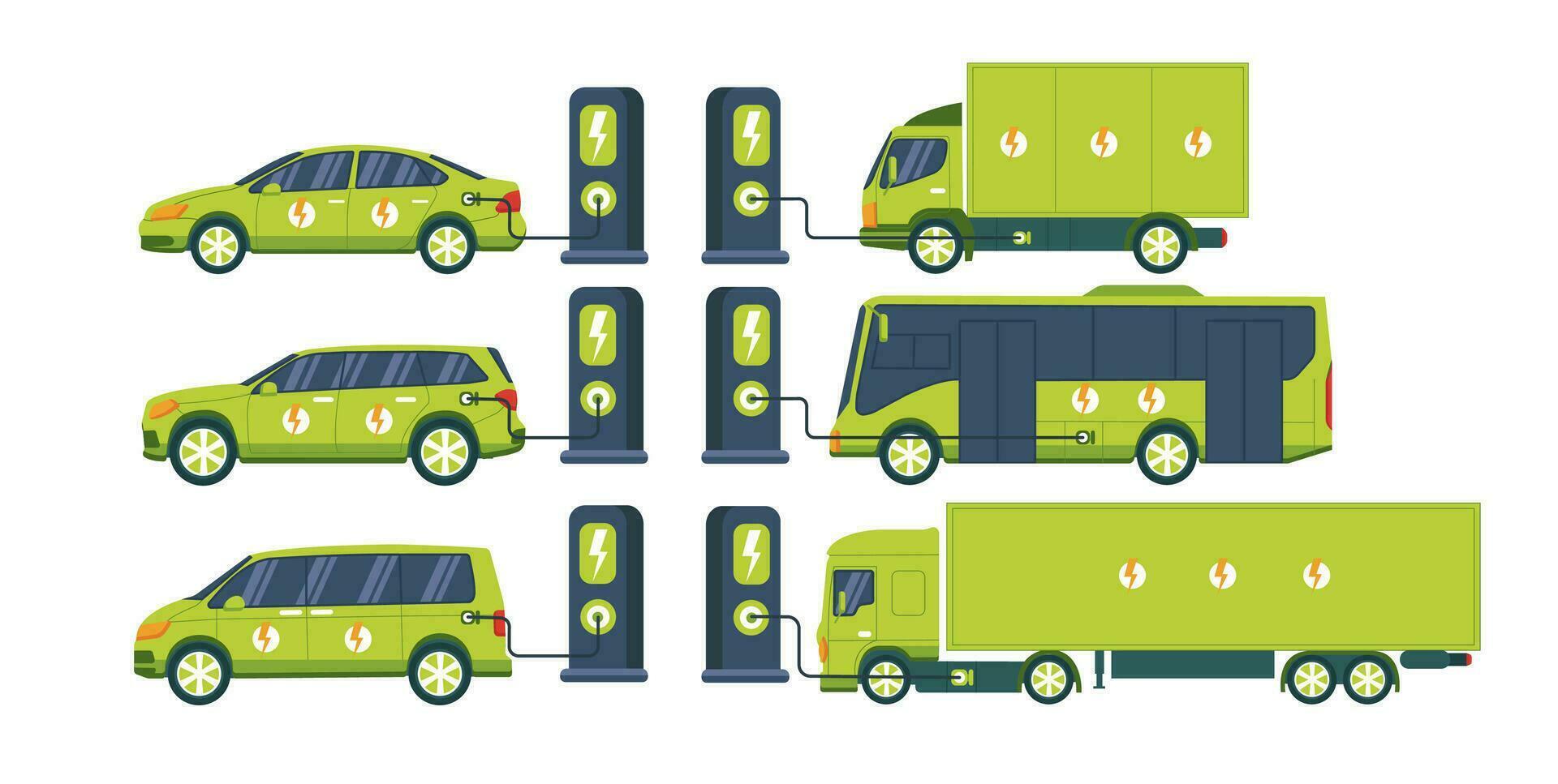 Electric vehicles. Electric cars fleet charging on parking lot with charger stations. Set of electric vehicles bus, truck, van, business vehicles. vector