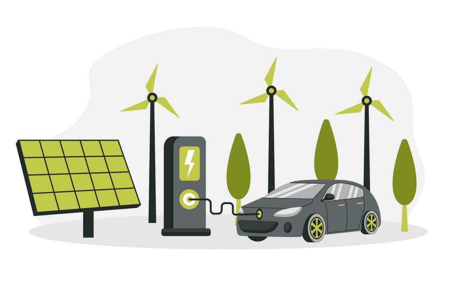 Electric car near charging station. Green energy. Smart grid. Renewable. Concept with windmills and solar energy panels. vector