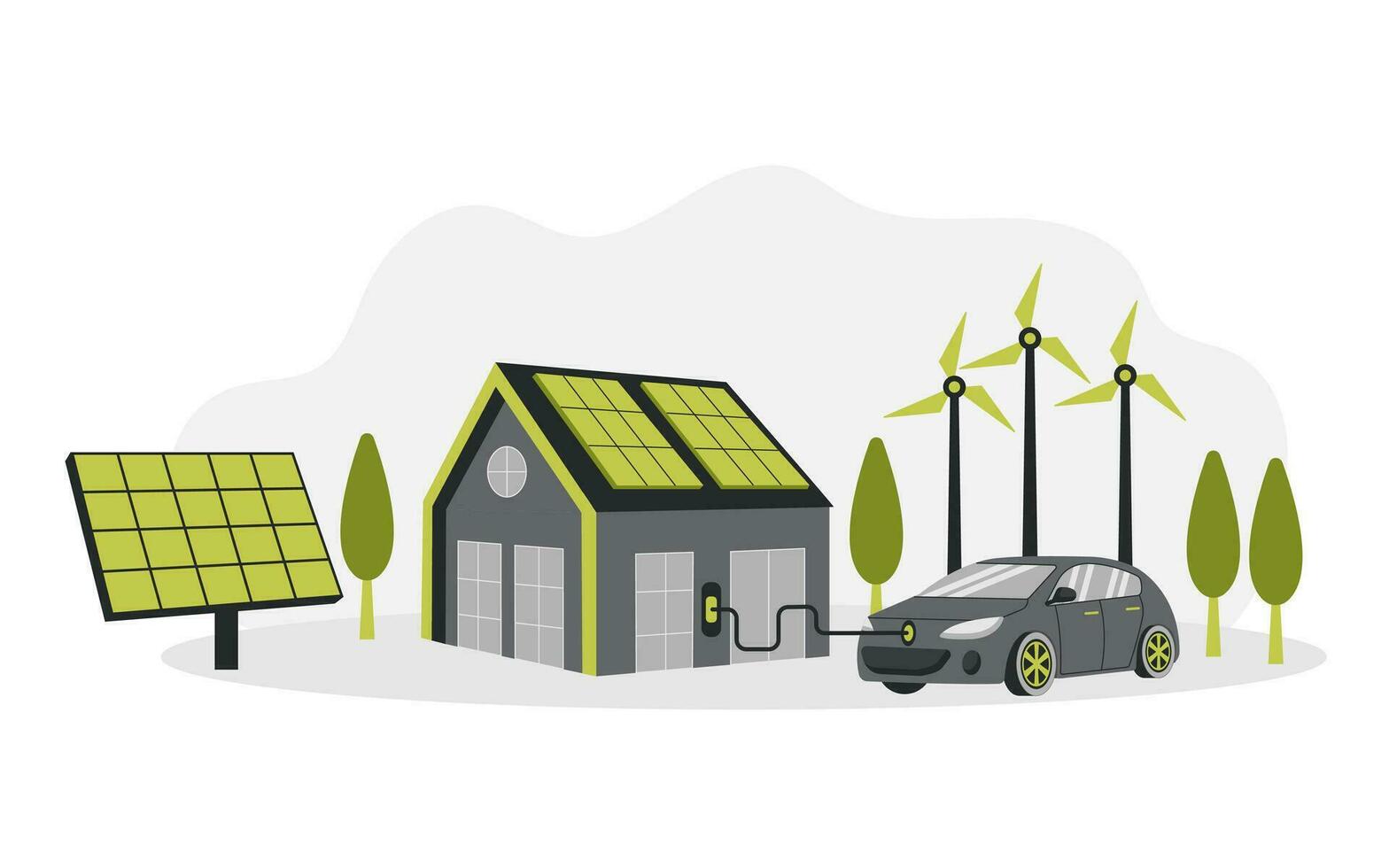 Green energy. Smart grid. Renewable. House with windmills and solar energy panels, electric car near charging station. vector