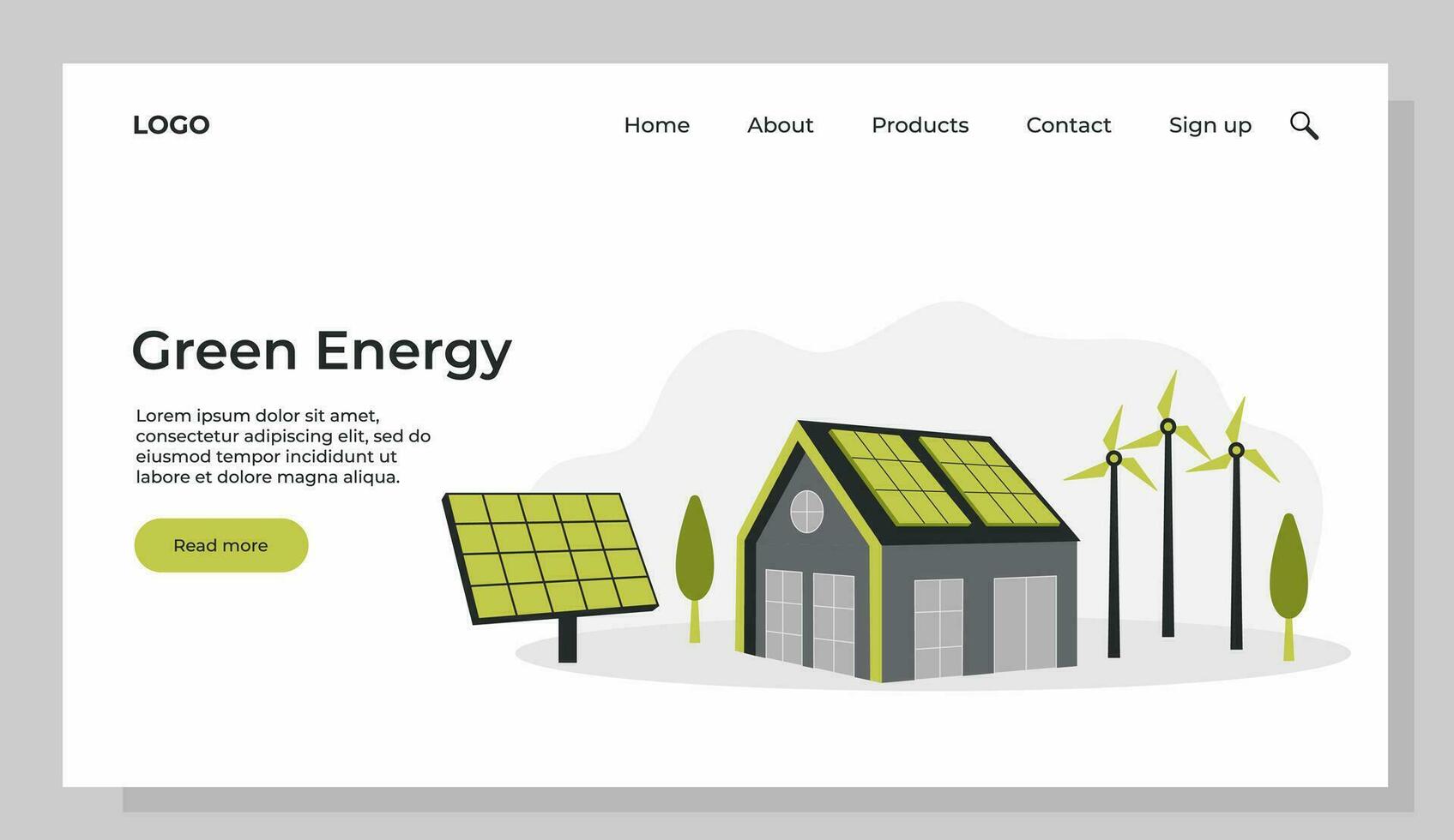 Green energy. Smart grid. Renewable. House with windmills and solar energy panels. Template for landing page. vector