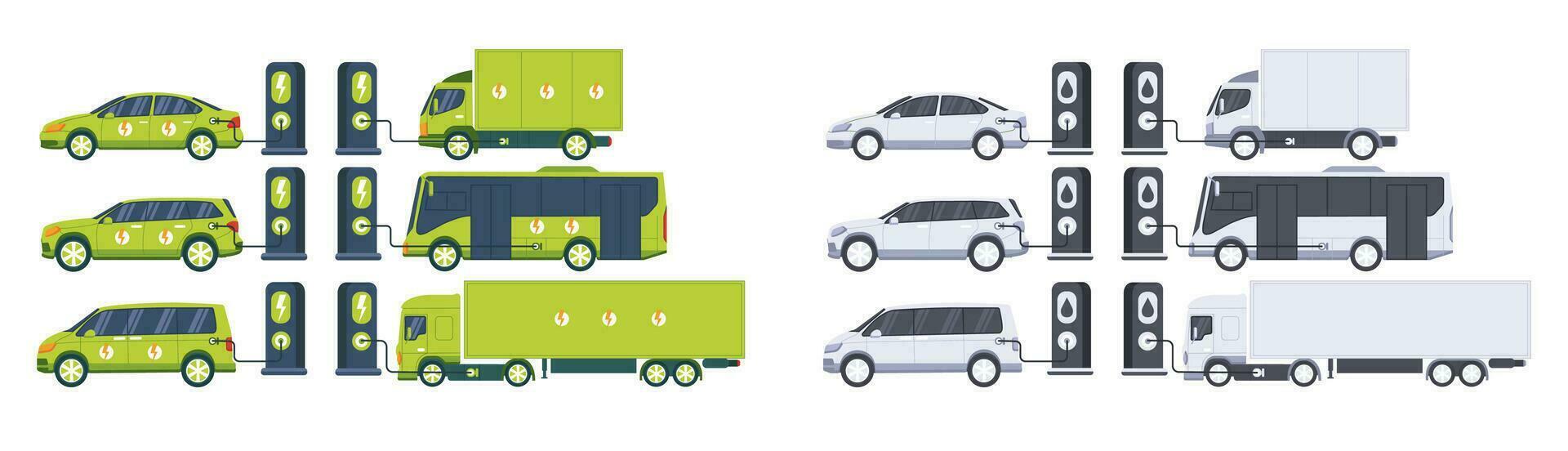 eléctrico vehículos eléctrico y gasolina flota cargando en estacionamiento lote con cargador y gas estaciones conjunto de eléctrico vehículos autobús, camión, camioneta, negocio vehículos vector