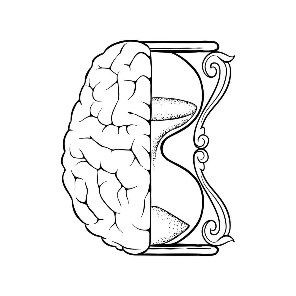 negro y blanco ilustración de un cerebro conjunto con un reloj de arena vector