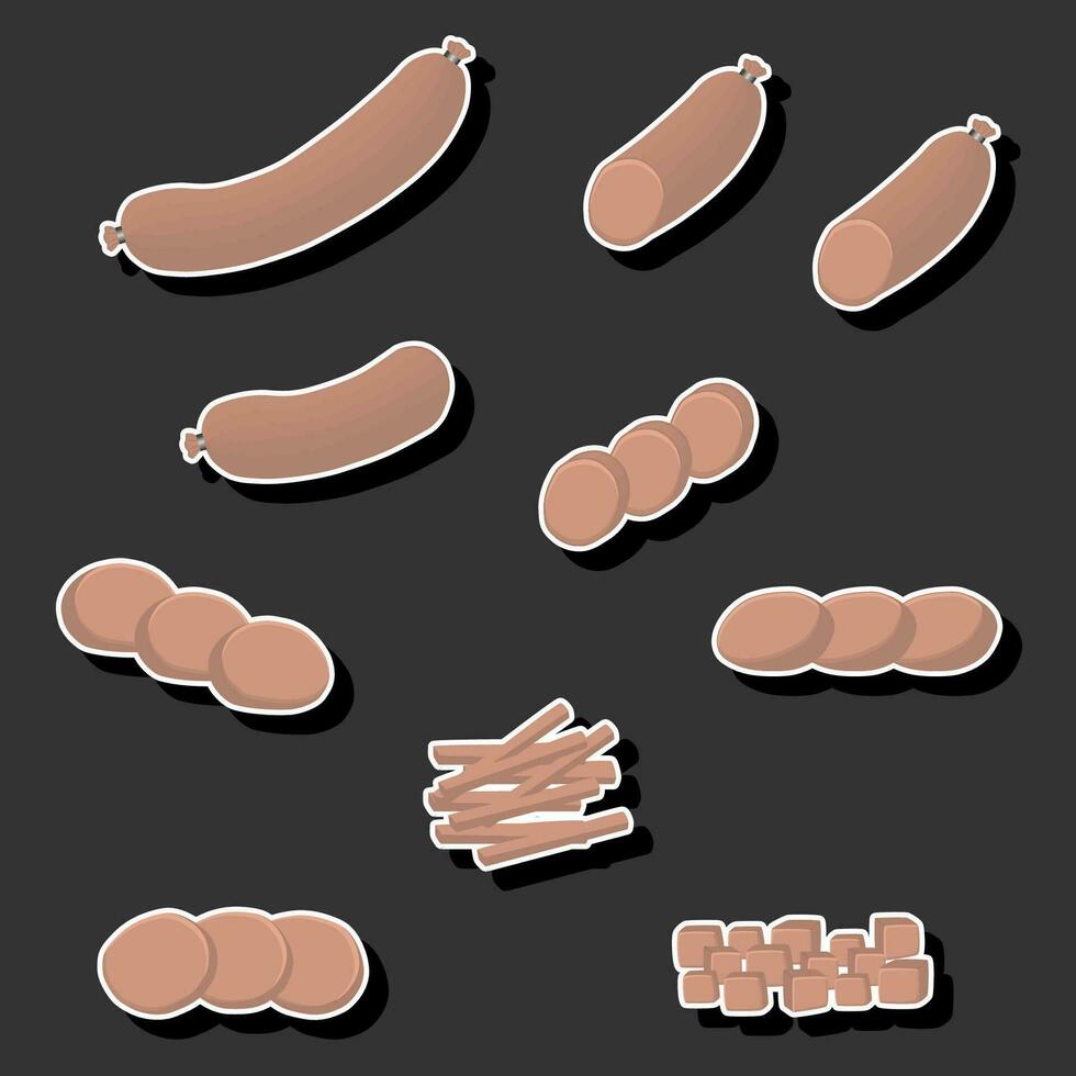 Illustration on theme big set different types delicatessen meat sausages vector