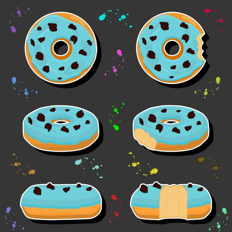 Illustration on theme big set different types sticky donuts, sweet doughnuts various size vector