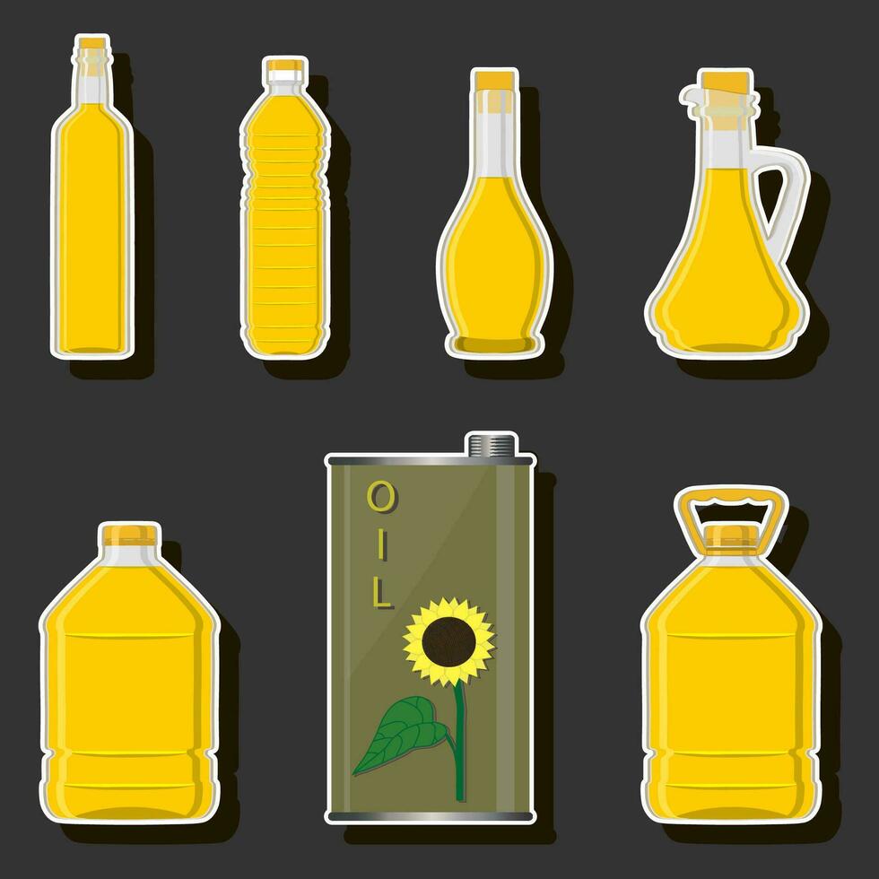 Ilustración sobre el tema aceite de kit grande en diferentes botellas de vidrio para cocinar alimentos vector