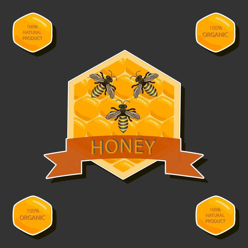 Illustration on theme for label of sugary flowing down honey in honeycomb with bee vector