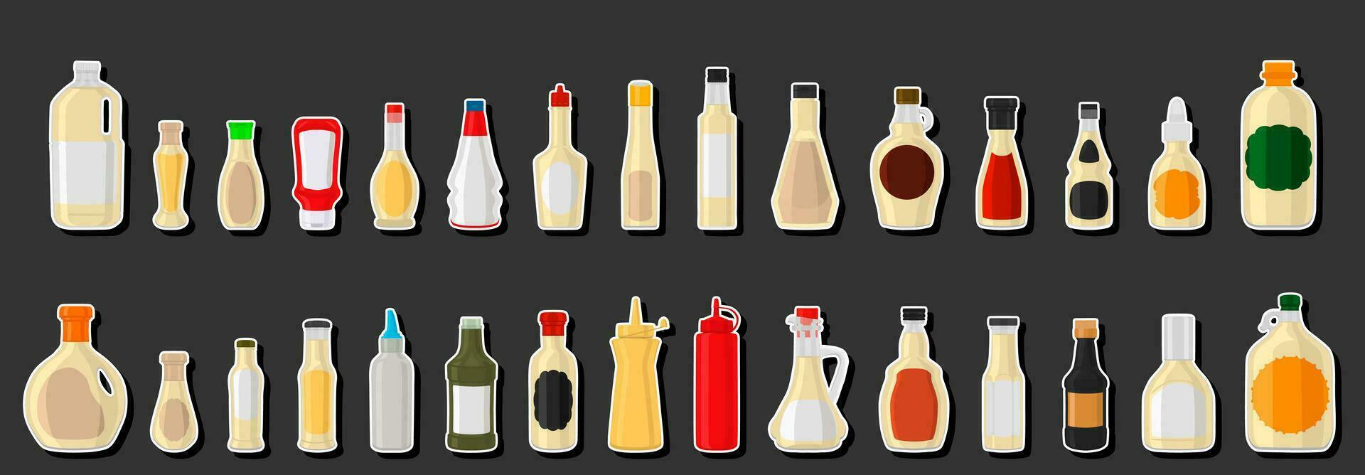 Ilustración sobre el tema kit grande botellas de vidrio variadas llenas de salsa espesa mayonesa vector