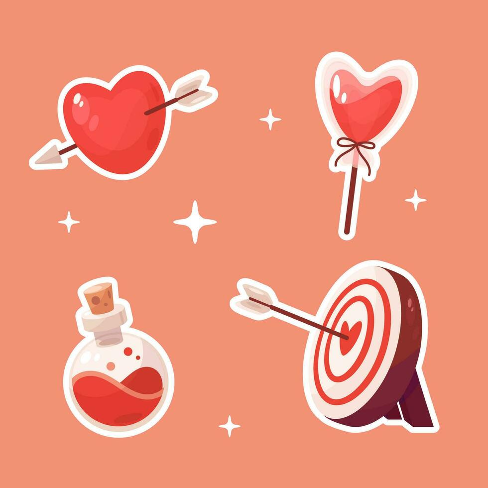 Valentines day set collection with heart and arrow, candy, love potion and target vector