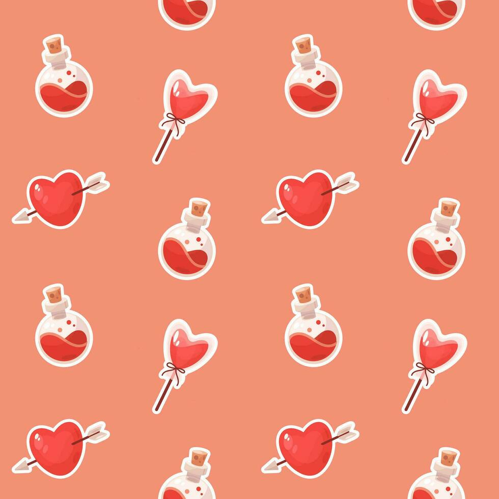 Seamless pattern with heart, candy and love potion vector