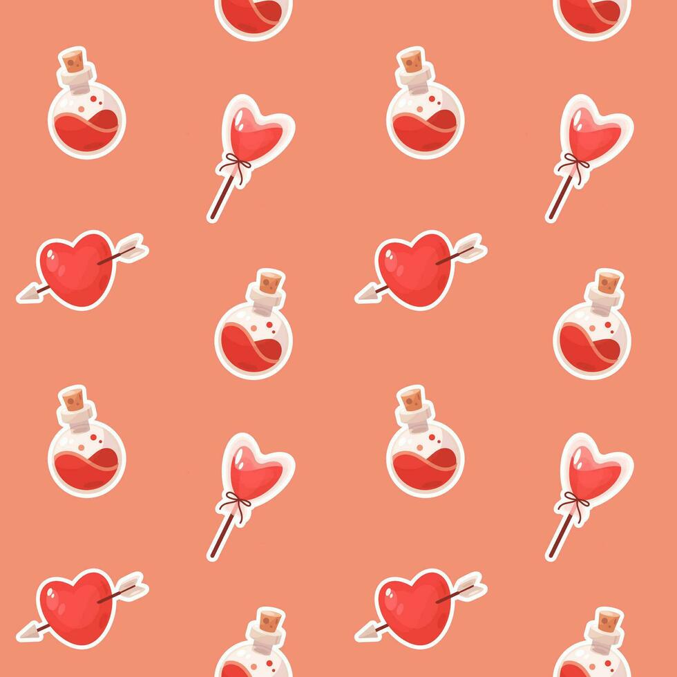 Seamless pattern with heart, candy and love potion vector