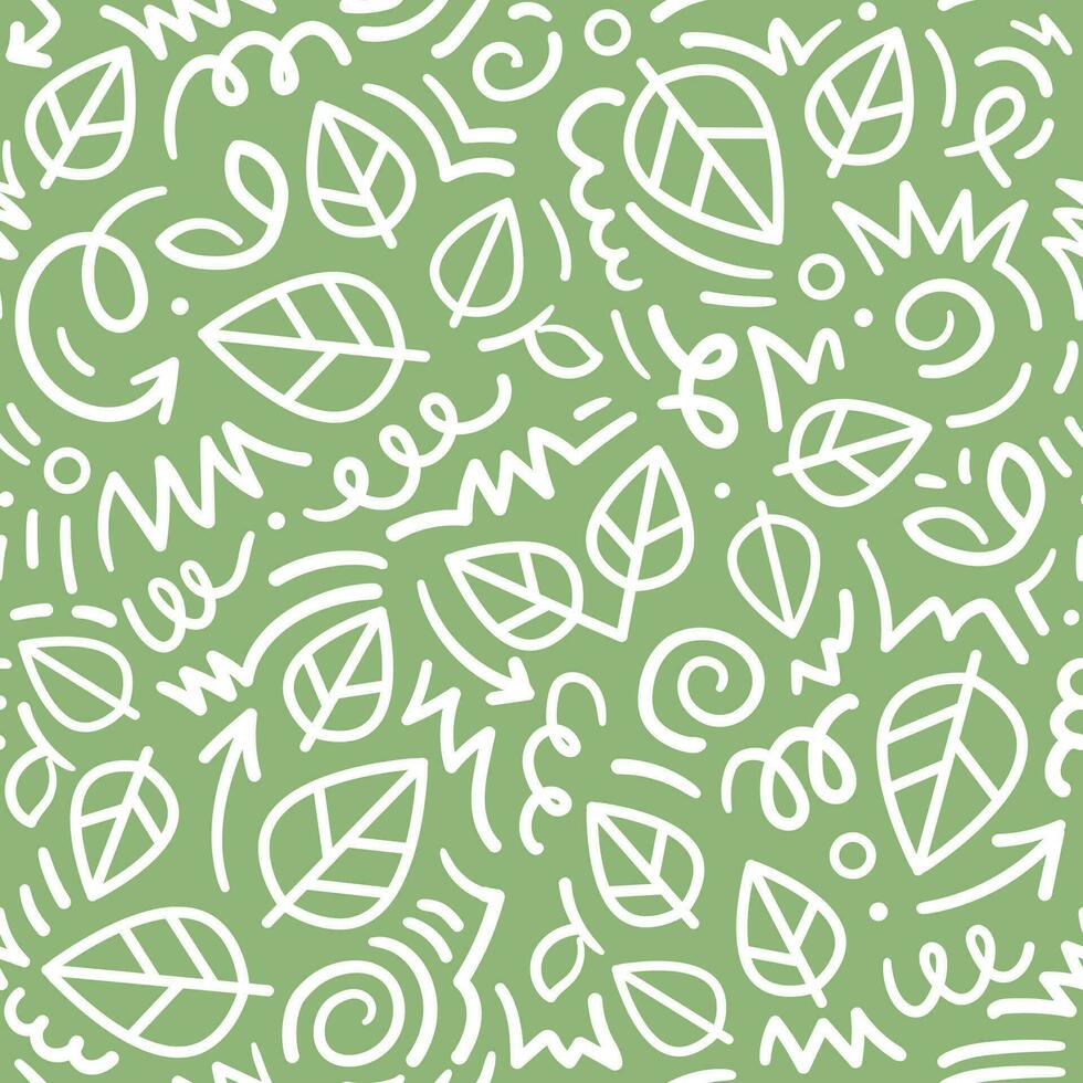 Seamless pattern with leaves on a green background, doodle style, hand-drawn vector