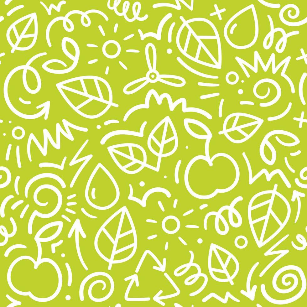 Seamless eco pattern on green background, doodle style, hand drawn vector