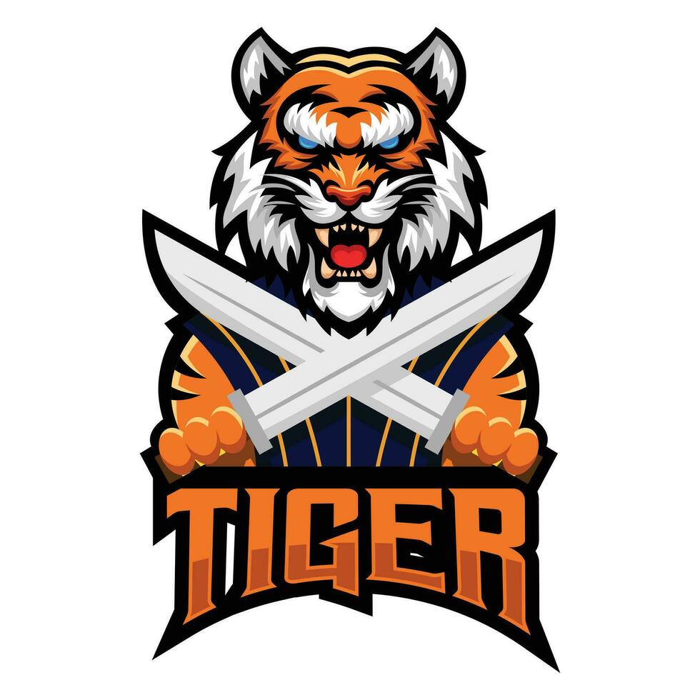 Tigre enojado logo mascota. Tigre con espadas vector ilustración aislado en blanco antecedentes.