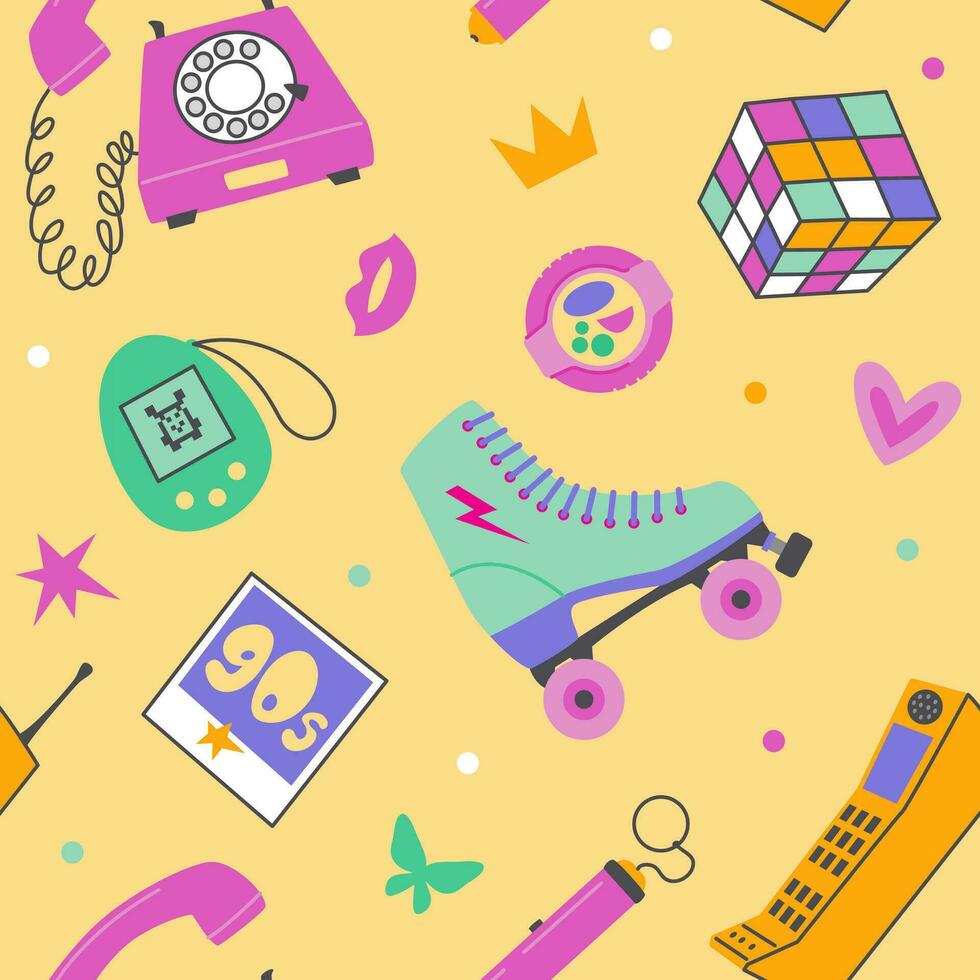 Retro 90's pattern. Various elements, objects in the style of the 90s on a yellow background. Vector illustration