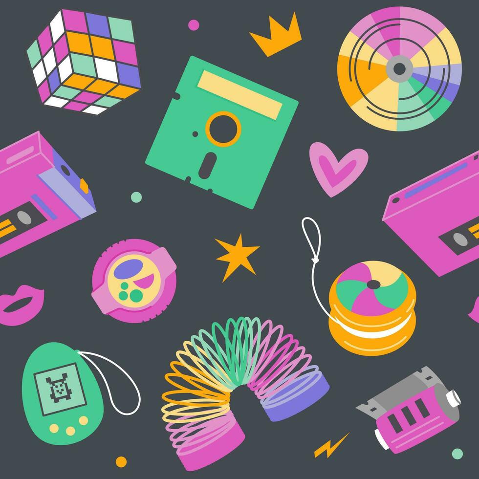 Retro pattern 90s. Various elements, objects in 90s style on a dark background. Vector illustration