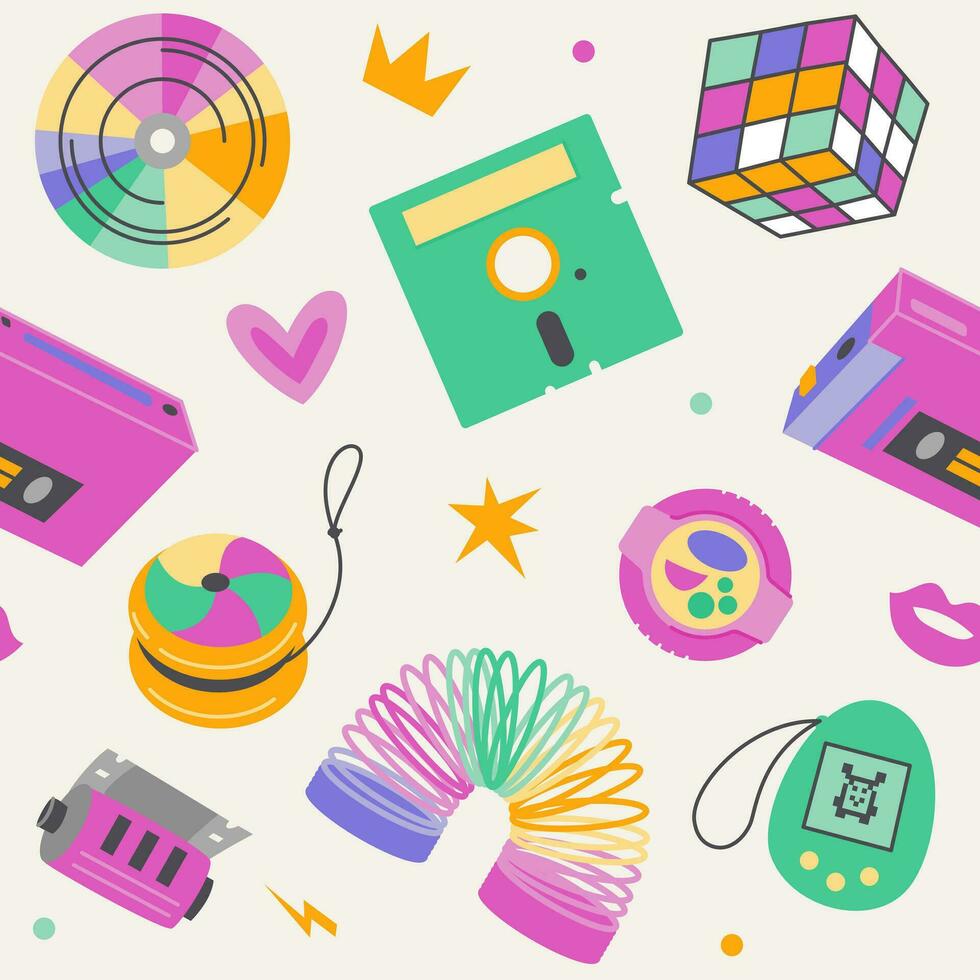 Retro pattern 90s. Various elements, objects in the style of the 90s. Vector illustration