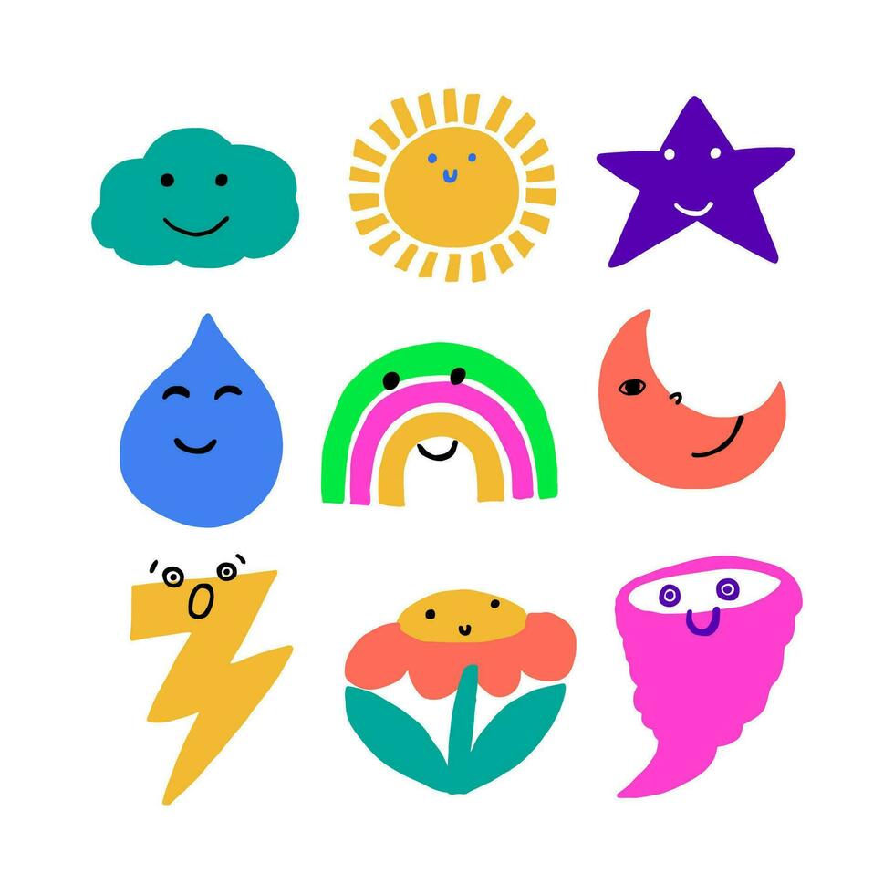 Cute childish weather icons set. Sun, moon crescent, cloud, star, water drop, rainbow, lightning, hurricane, flower symbols. vector