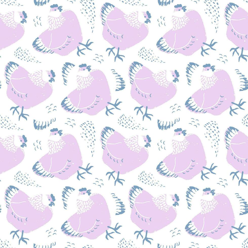 Seamless pattern with chicken. Hand drawn vector illustration. Farm animal print. Spring summer hen pattern for paper, textile design. Block print effect.