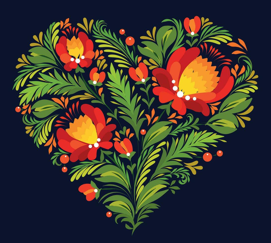 Hand-drawn floral painting in shape heart isolated on black. Ukrainian folk art, traditional decorative painting style Petrykivka. Perfect print for cards, decor. vector