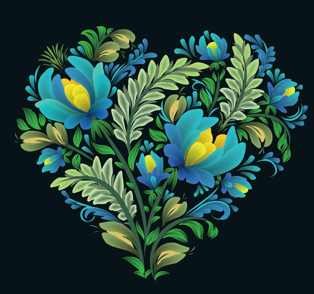 Hand-drawn floral painting in shape heart isolated on black. Ukrainian folk art, traditional decorative painting style Petrykivka. Perfect print for cards, decor. vector