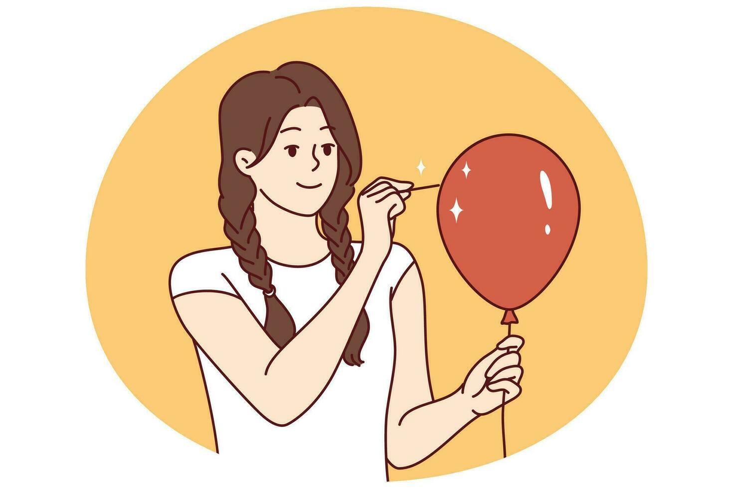 joven mujer en casual ropa perfora globo con aguja y mira adelante sonriente. vector imagen